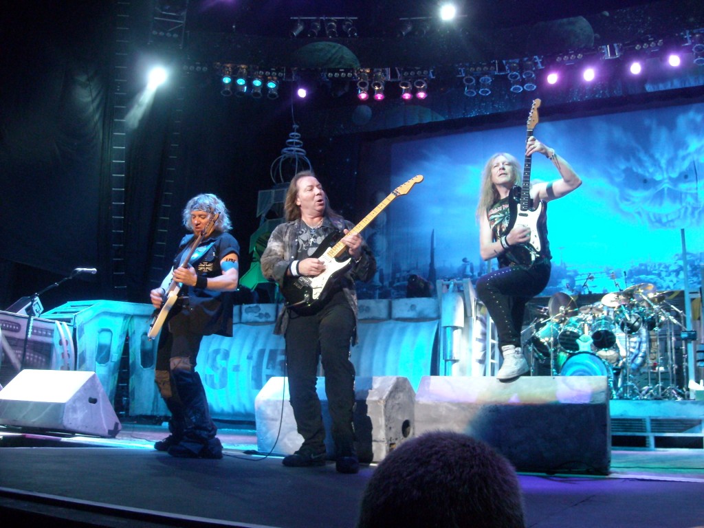 FROM LEFT: Iron Maiden guitarists Adrian Smith, Dave Murray, and Janick Gers perform at White River Amphitheater in Auburn, Wash. on June 22, 2010.